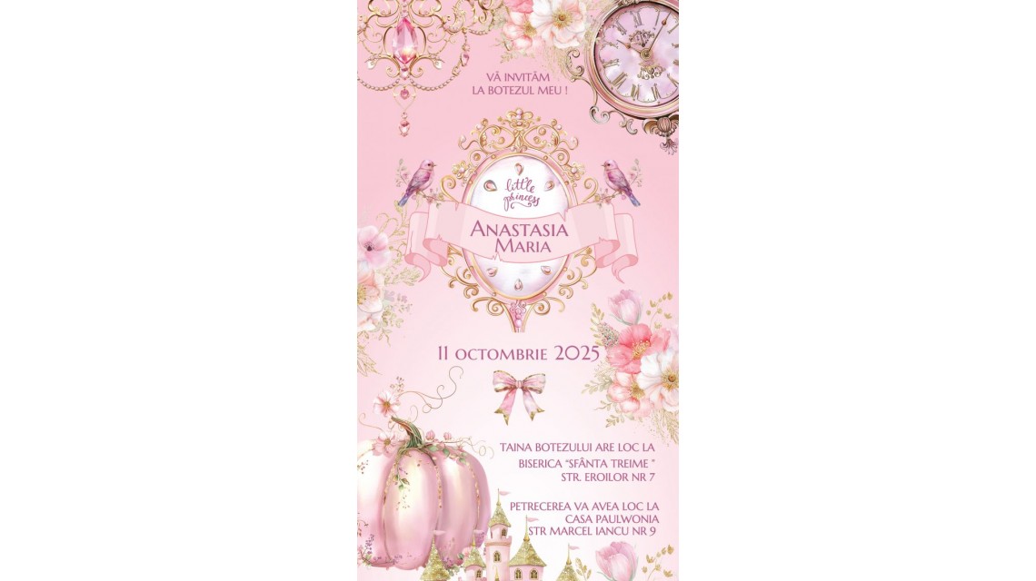 Invitație digitală botez fetiță Princess Pink Invitație electronică roz pentru un botez elegant 1